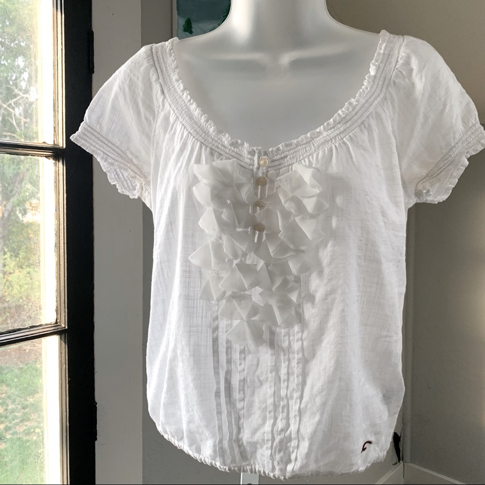Hollister White Ruffle Cotton Short Sleeve Top| XS